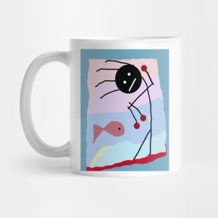 Kid with Fish and Flowers Stick Figure Mug